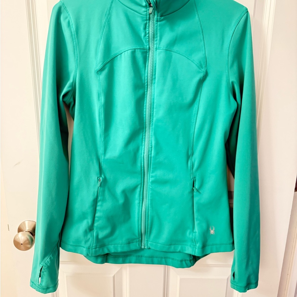 Spyder Green Ski Jacket with Stand-Up Collar and Full-Length Zipper